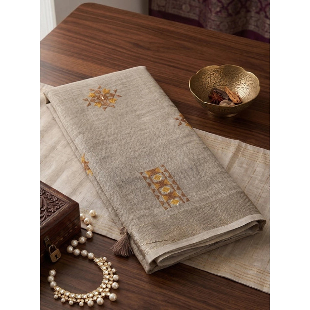 Women's Linen Embroidered Saree — Light Beige