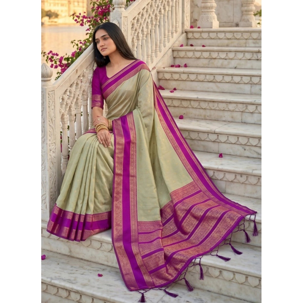 Women's Silk Blend Printed Saree — Light Green-Pink