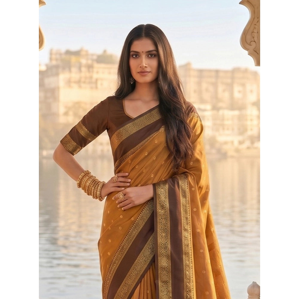 Women's Silk Blend Printed Saree — Mustard-Brown