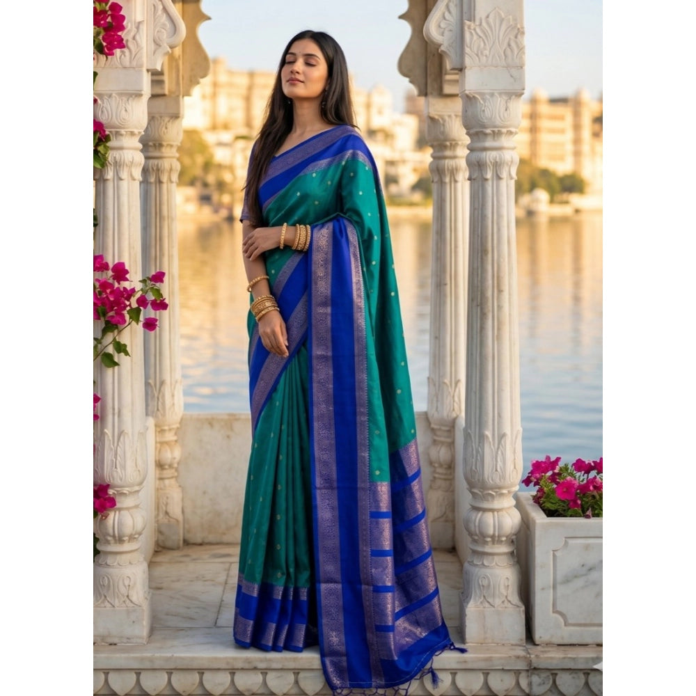 Women's Silk Blend Printed Saree — Teal-Blue