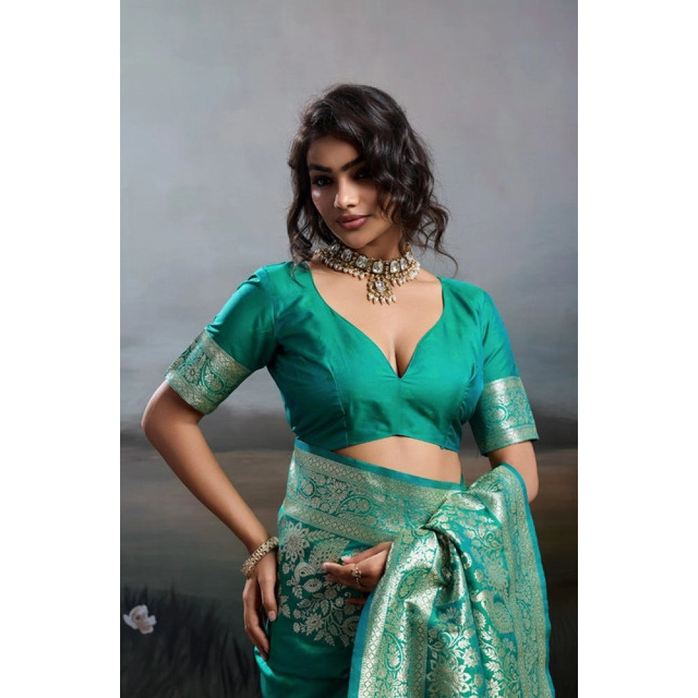 Women's Silk Blend Printed Saree — Teal Green