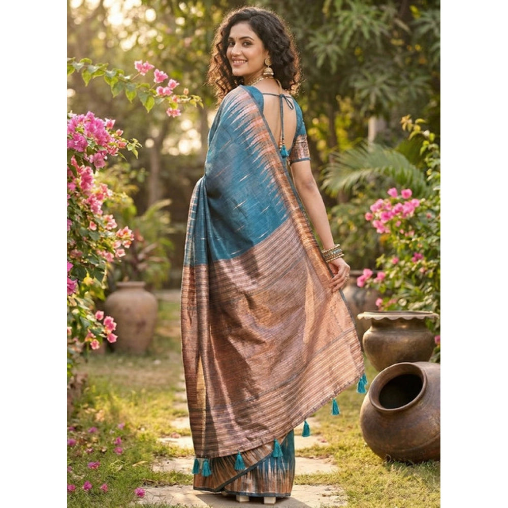 Women's Linen Cotton Printed Saree — Blue · 2555