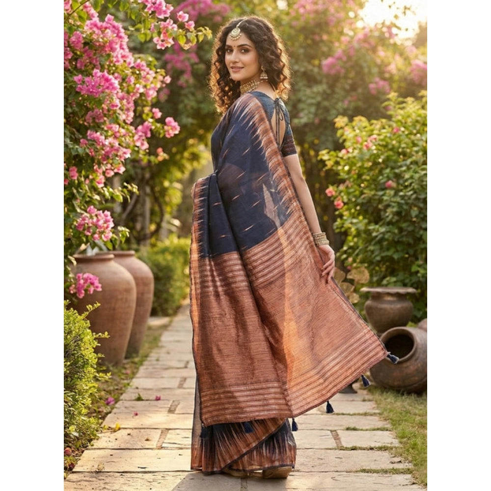 Women's Linen Cotton Printed Saree — Navy Blue · 2557