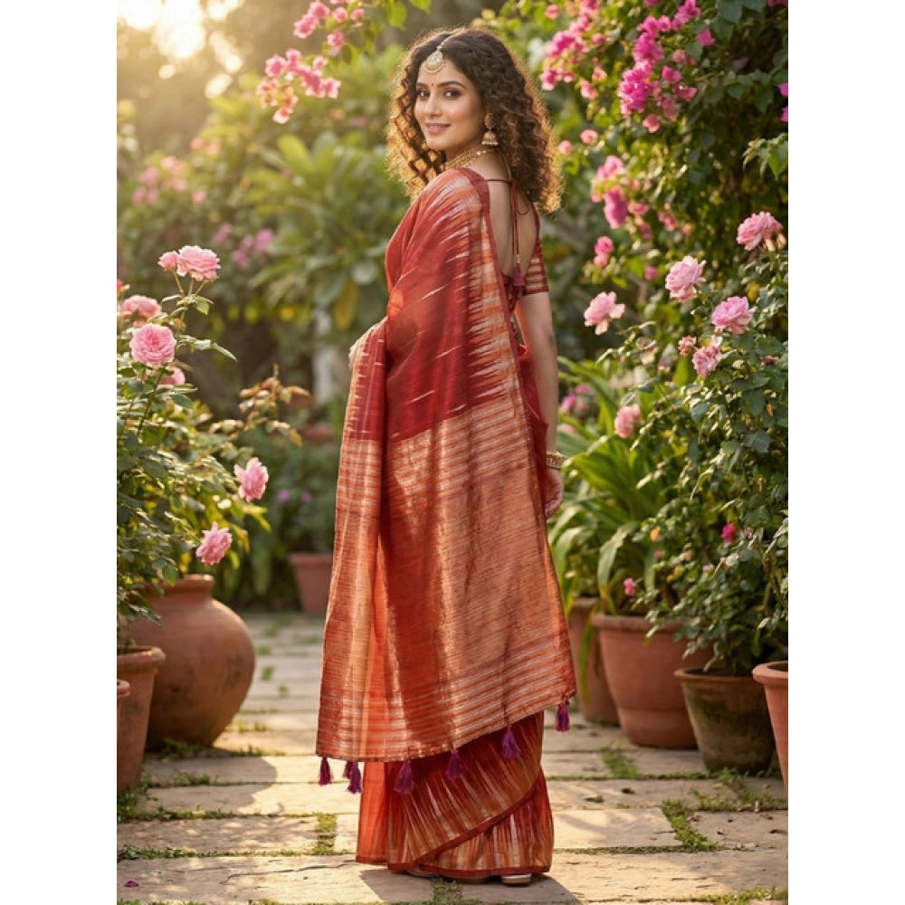 Women's Linen Cotton Printed Saree — Red · 2558