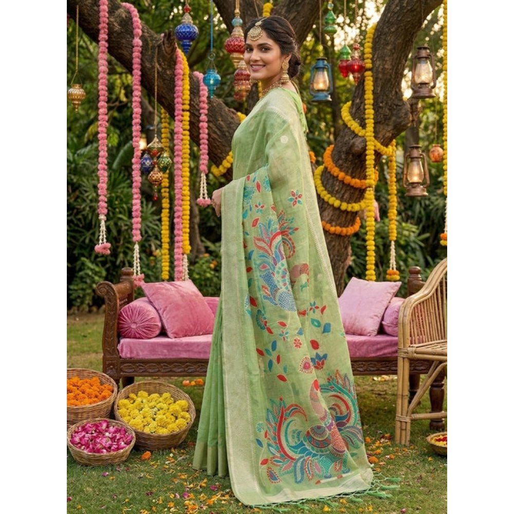 Women's Linen Cotton Floral Embroidered Saree — Light Green