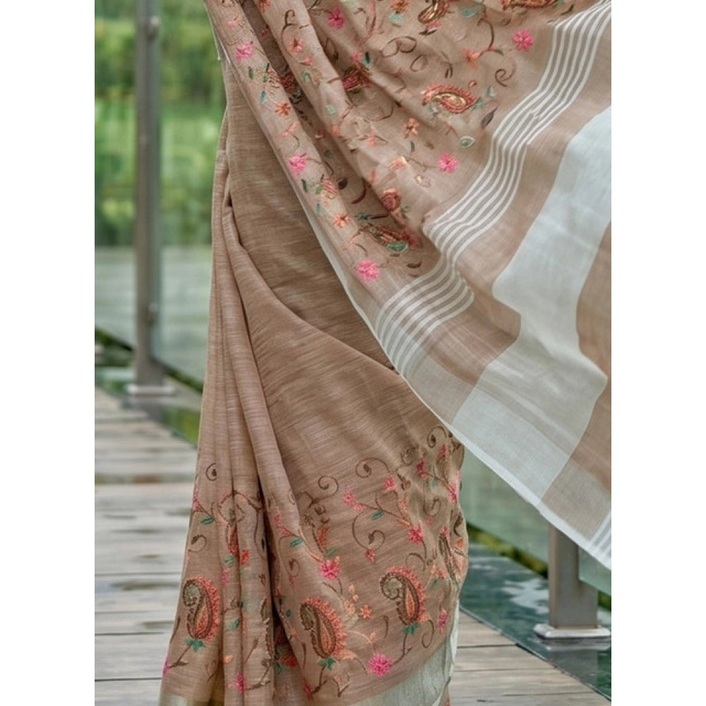 Women's Linen Floral Embroidered Saree — Brown