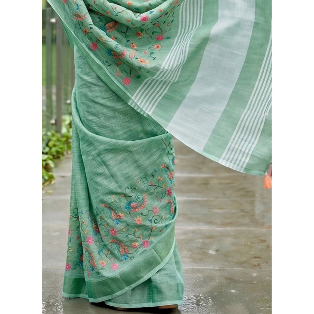 Women's Linen Floral Embroidered Saree — Sea Green