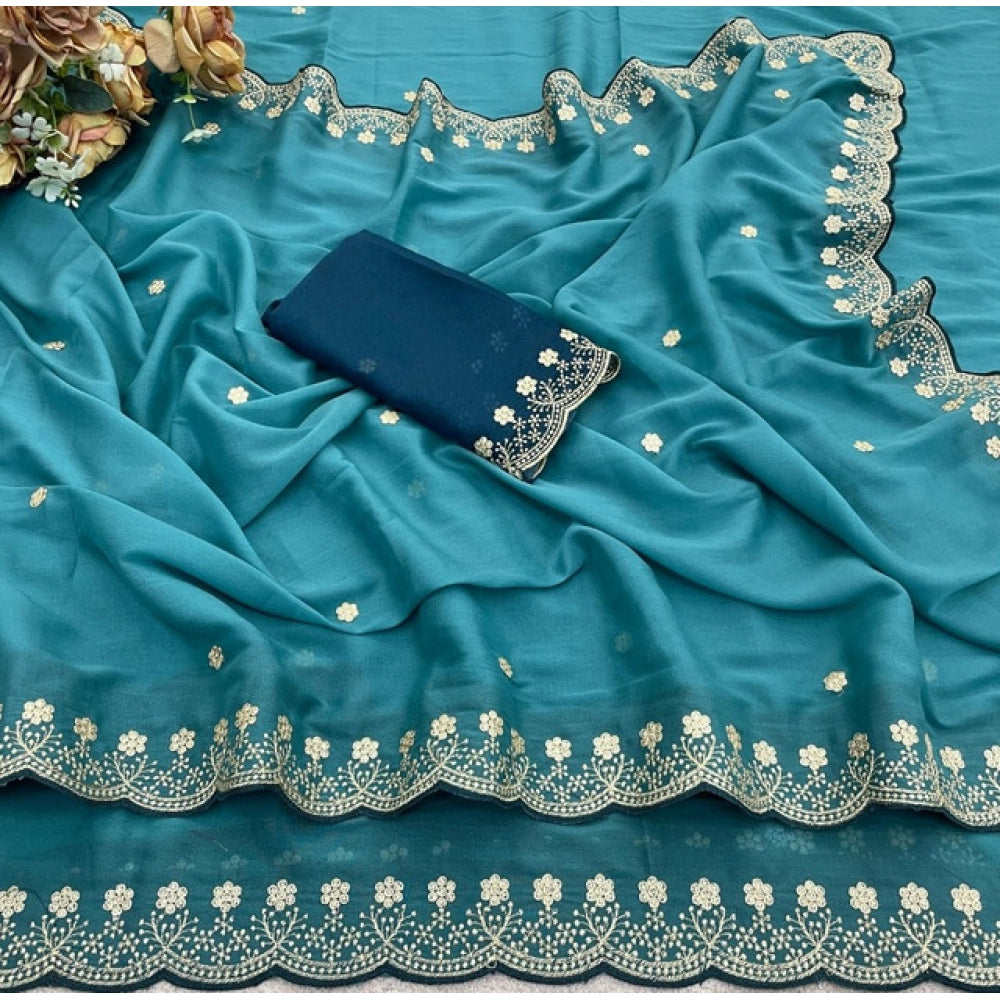 Women's Star Georgette Embroidered Saree — Blue