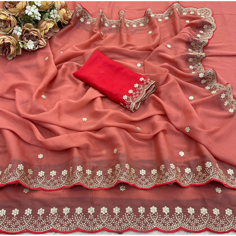 Women's Star Georgette Embroidered Saree — Orange · 2599