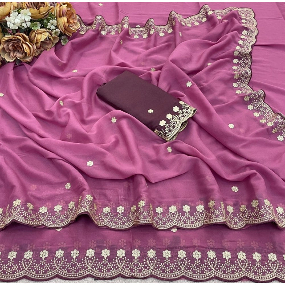 Women's Star Georgette Embroidered Saree — Pink · 2601
