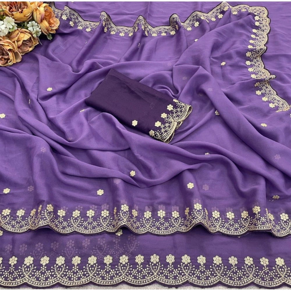 Women's Star Georgette Embroidered Saree — Purple · 2602