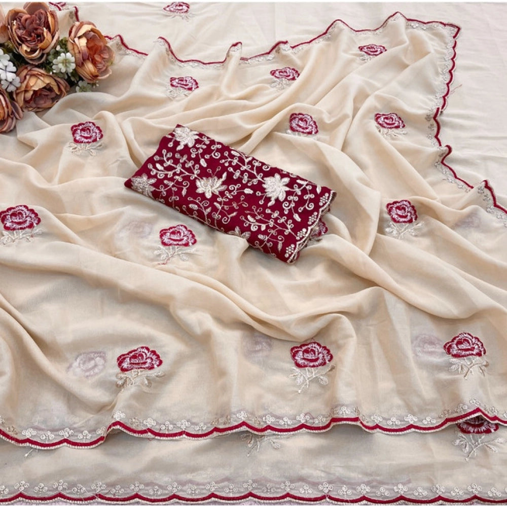 Women's Star Georgette Embroidered Saree — Cream · 2605