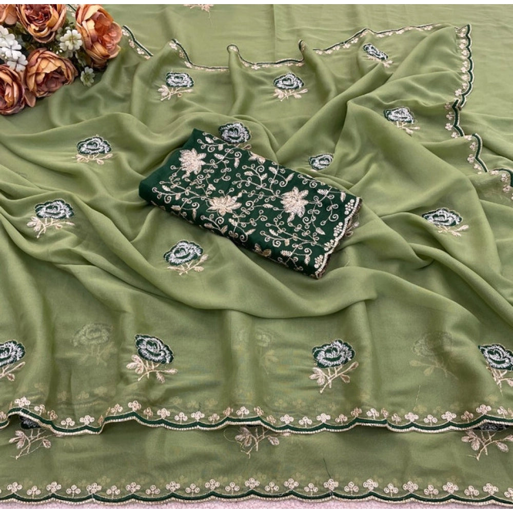 Women's Star Georgette Embroidered Saree — Green · 2606