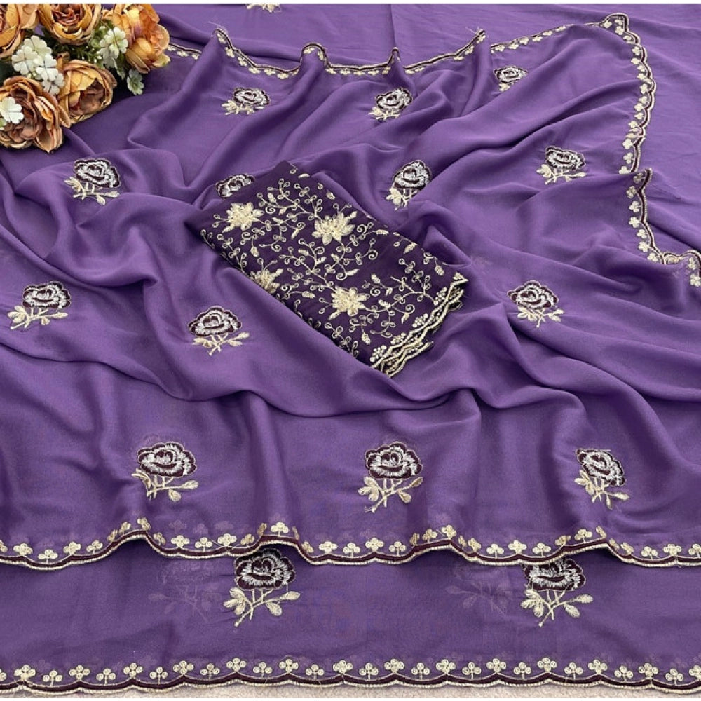 Women's Star Georgette Embroidered Saree — Purple · 2608