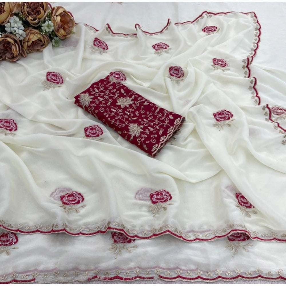 Women's Star Georgette Embroidered Saree — White