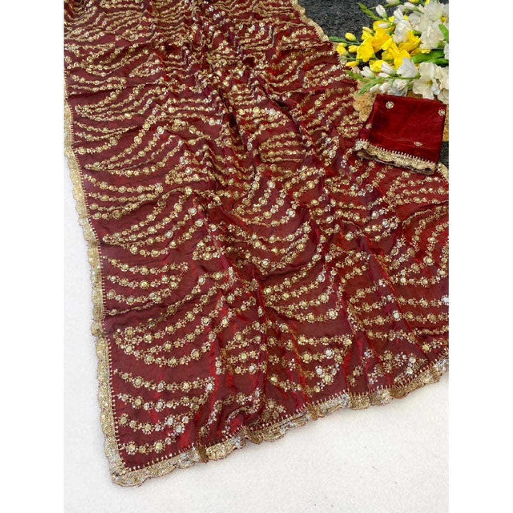 Women's Satin Embellished Saree — Maroon · 2616
