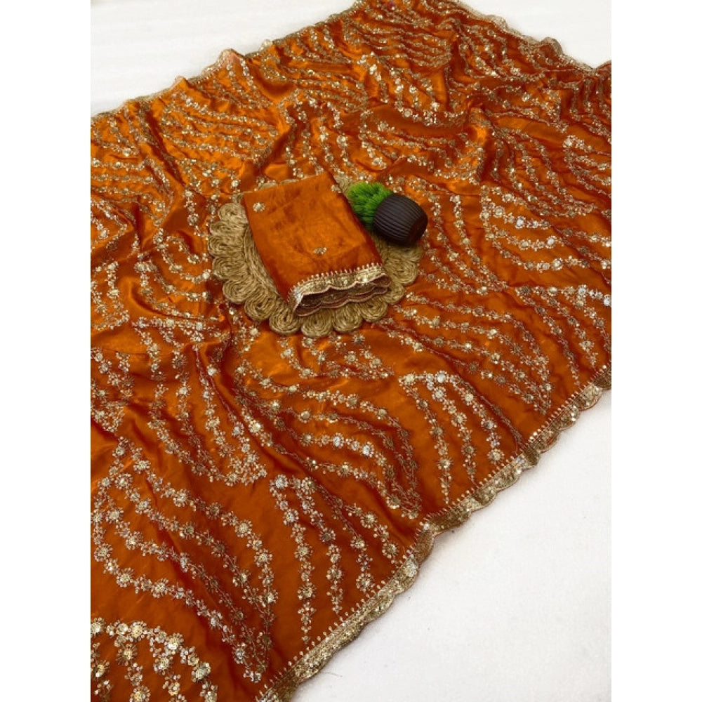 Women's Satin Embellished Saree — Orange