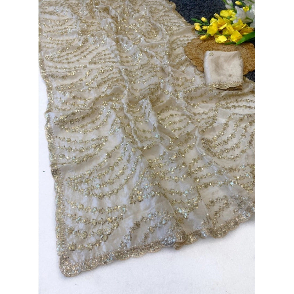 Women's Satin Embellished Saree — Cream