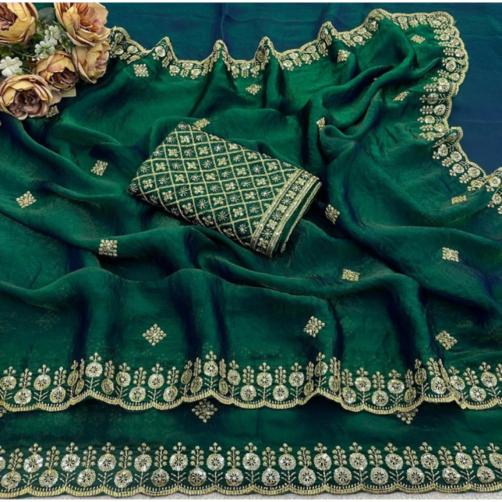 Women's Satin Embellished Saree — Green