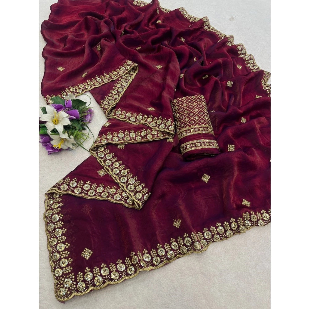 Women's Satin Embellished Saree — Maroon · 2622