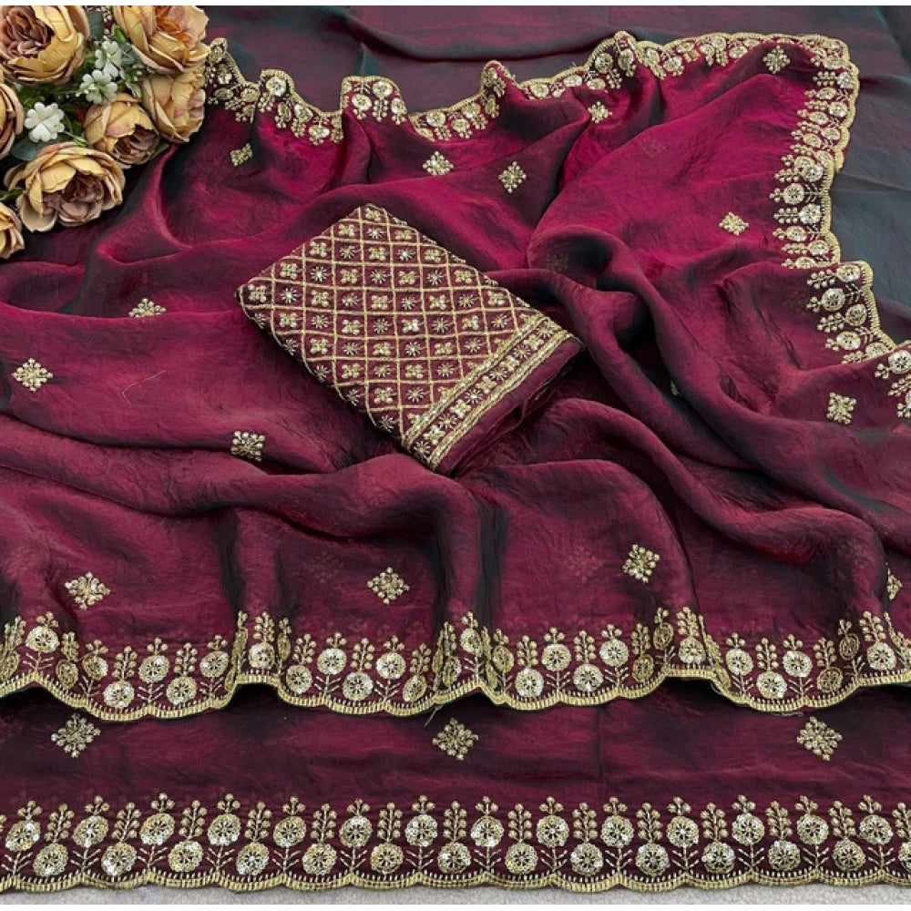 Women's Satin Embellished Saree — Wine-Toned