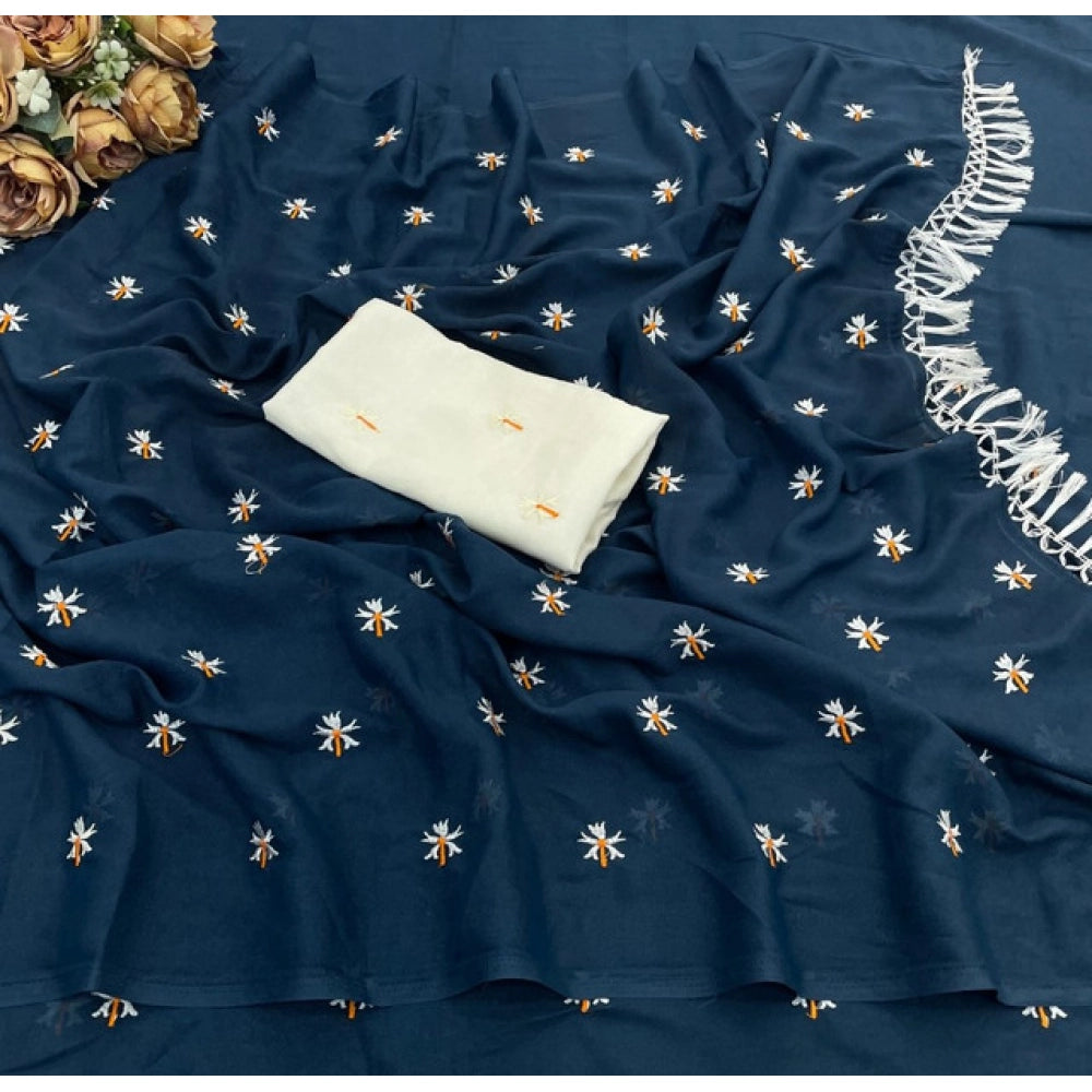 Women's Georgette Embellished Saree — Navy