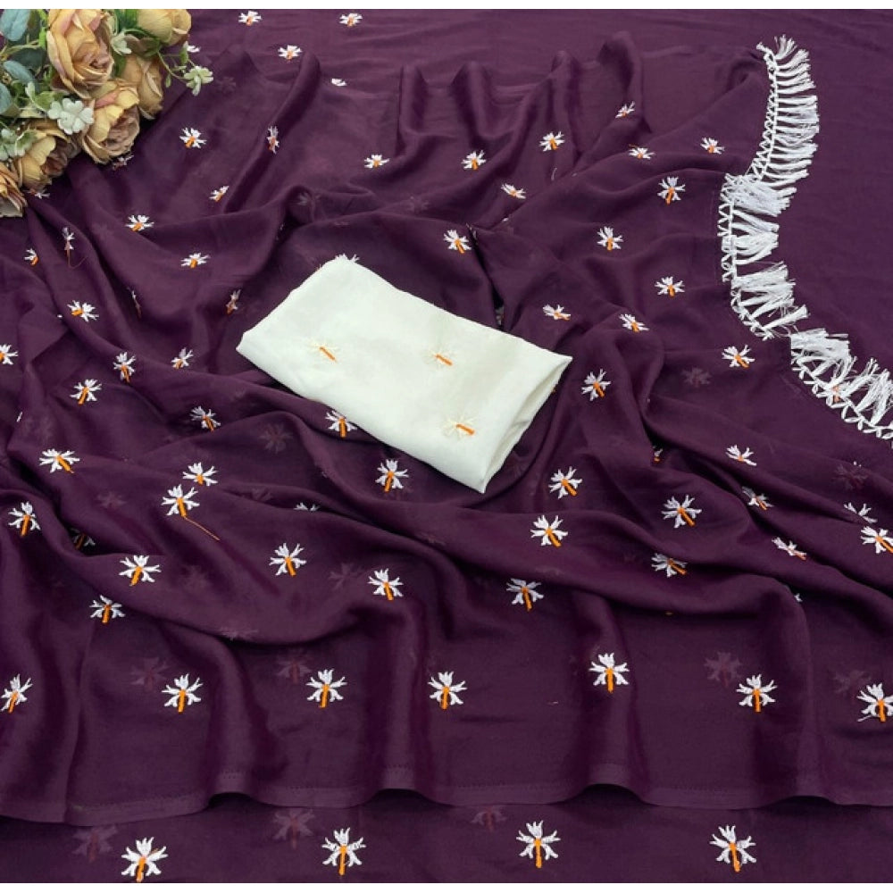Women's Georgette Embellished Saree — Wine