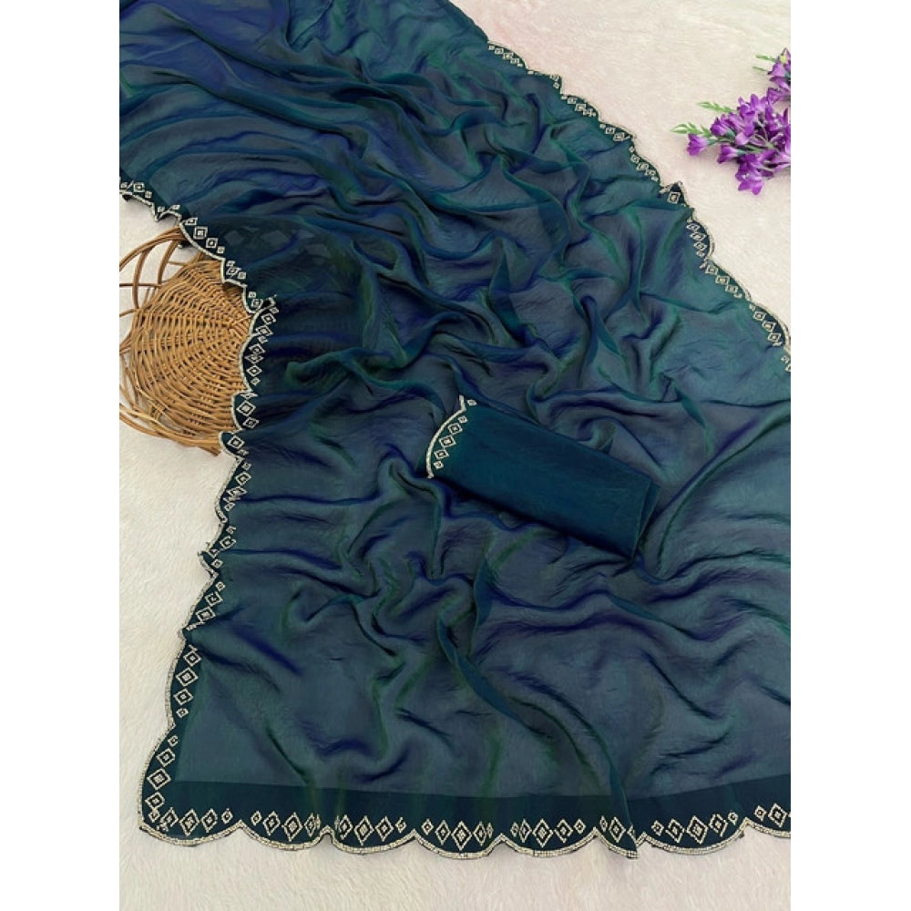Women's Satin Embellished Saree — Bottle Green