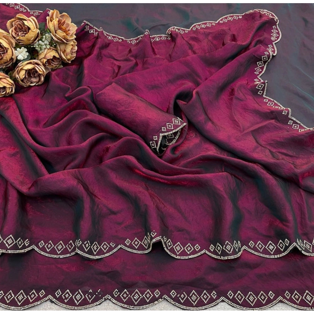 Women's Satin Embellished Saree — Burgundy