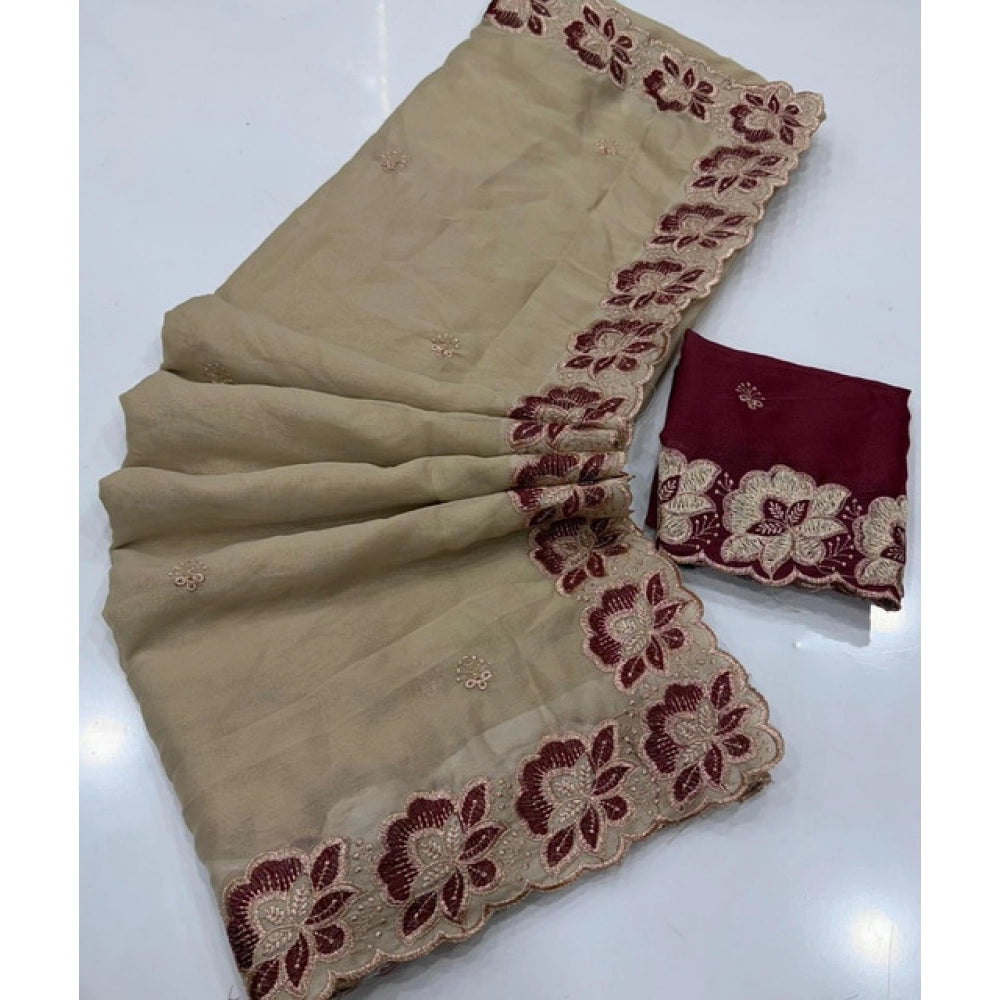 Women's Star Georgette Embroidered Saree — Beige · 2635