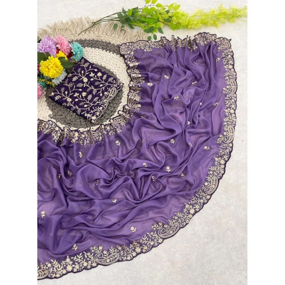 Women's Star Georgette Embroidered Saree — Purple · 2645