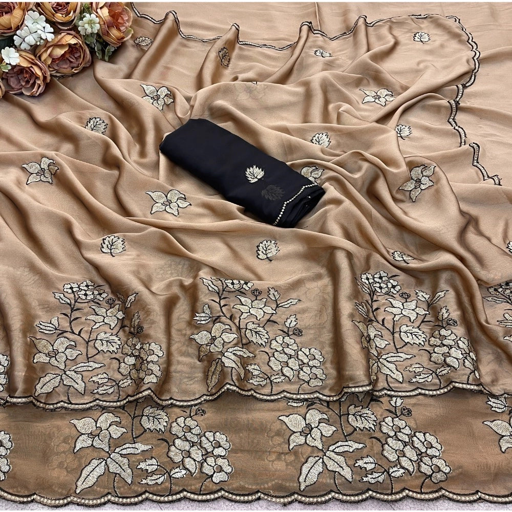 Women's Viscose Silk Embroidered Saree — Gold