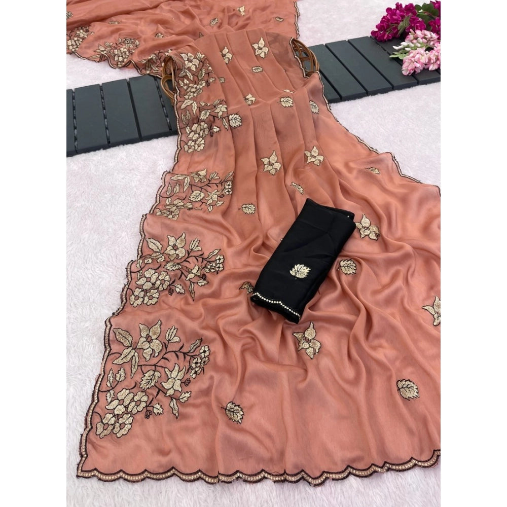 Women's Viscose Silk Embroidered Saree — Peach