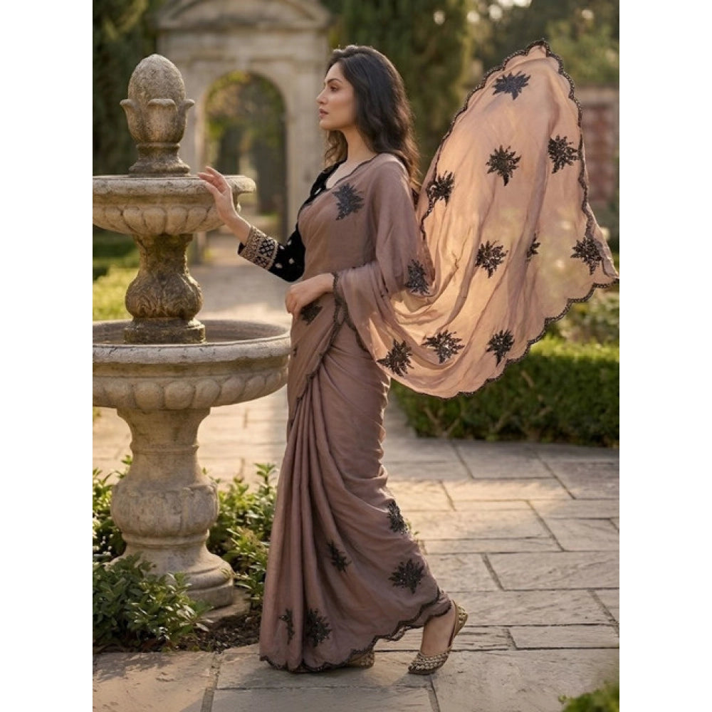 Women's Viscose Silk Embroidered Saree — Brown · 2654