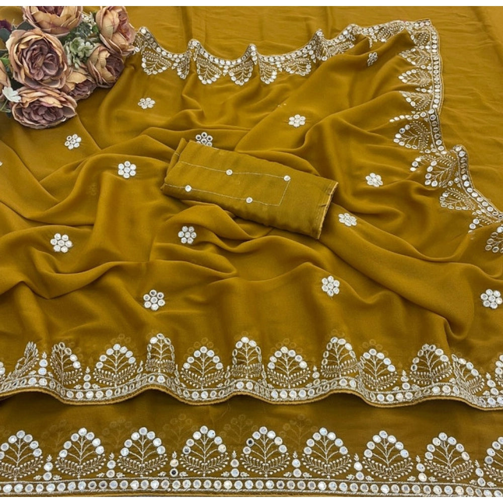Women's Georgette Embellished Saree — Mustard-Yellow