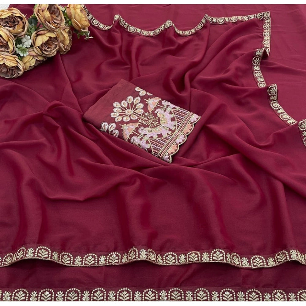 Women's Art Silk Embroidered Saree — Maroon