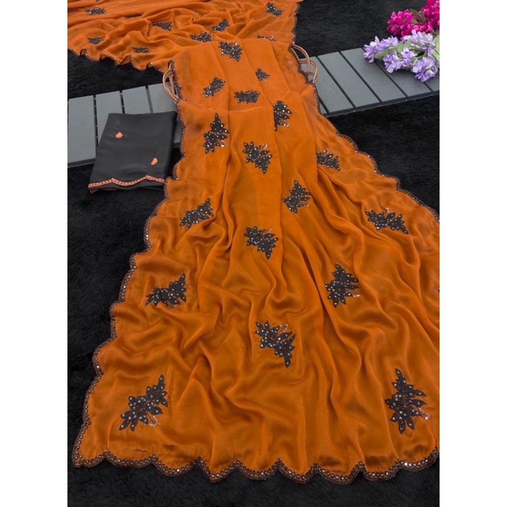 Women's Viscose Silk Embroidered Saree — Orange