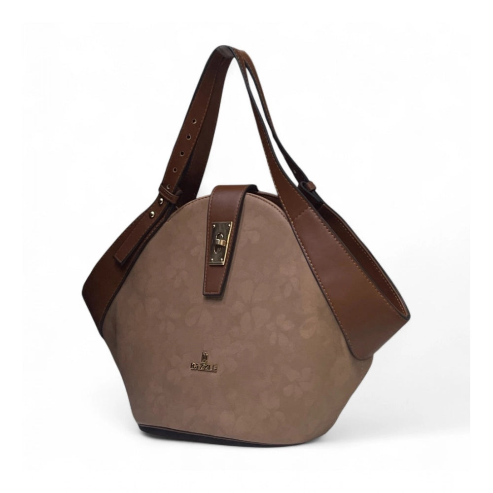 Women's Floral Printed Hexagonal Satchel Handbag — Brown