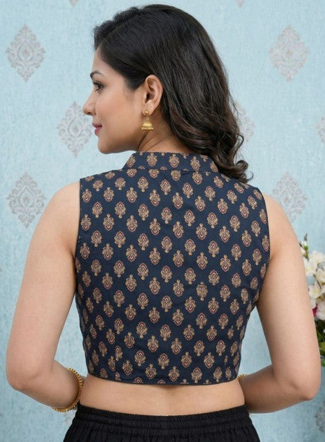 Women's Ajrakh Cotton Ajarkh Sleeveless Collar Neck Padded Readymade — Black