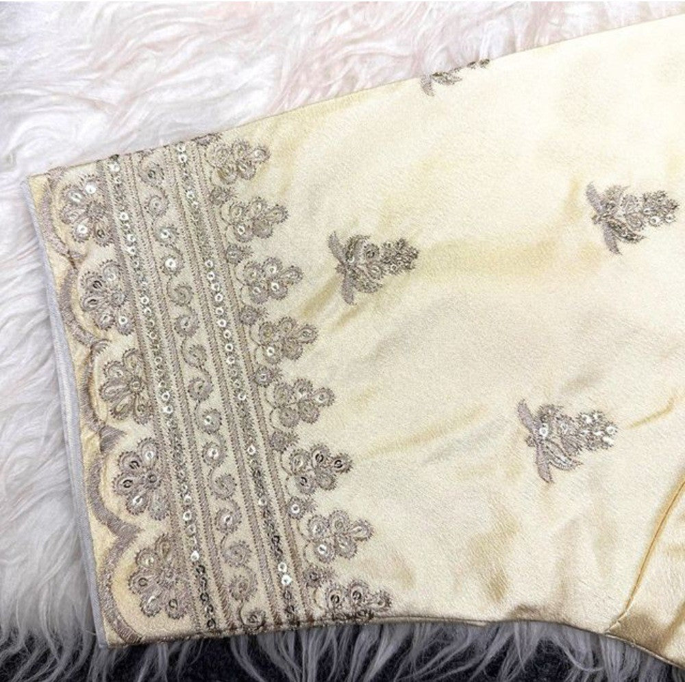 Women's Satin Embroidered Half Sleeve V-Neck Padded Readymade Blouse — Cream