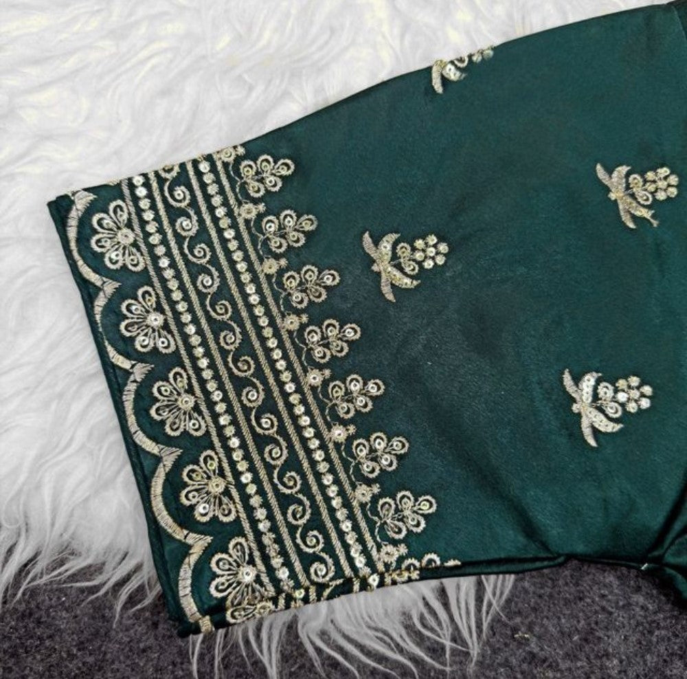 Women's Satin Embroidered Half Sleeve V-Neck Padded Readymade Blouse — Dark Green