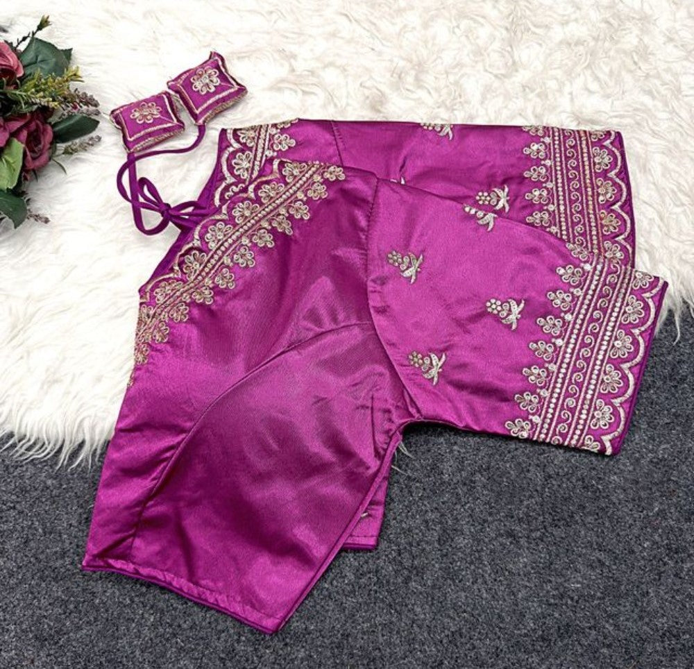Women's Satin Embroidered Half Sleeve V-Neck Padded Readymade Blouse — Purple