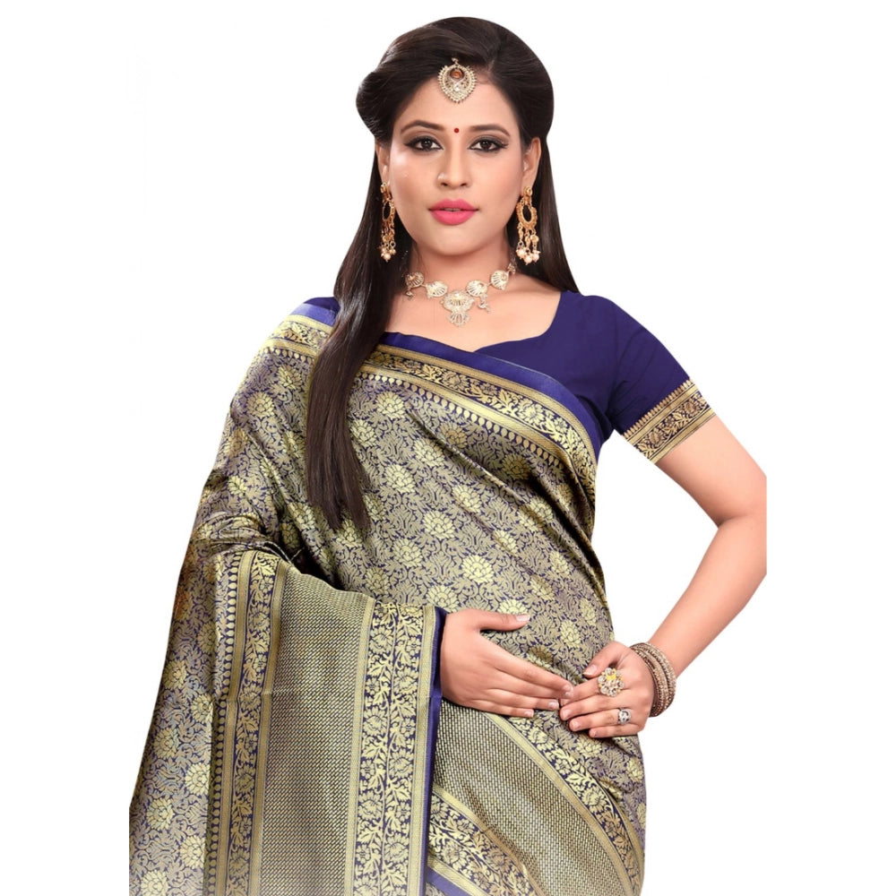 Women's Banarasi Silk Saree — Navy Blue · 008A