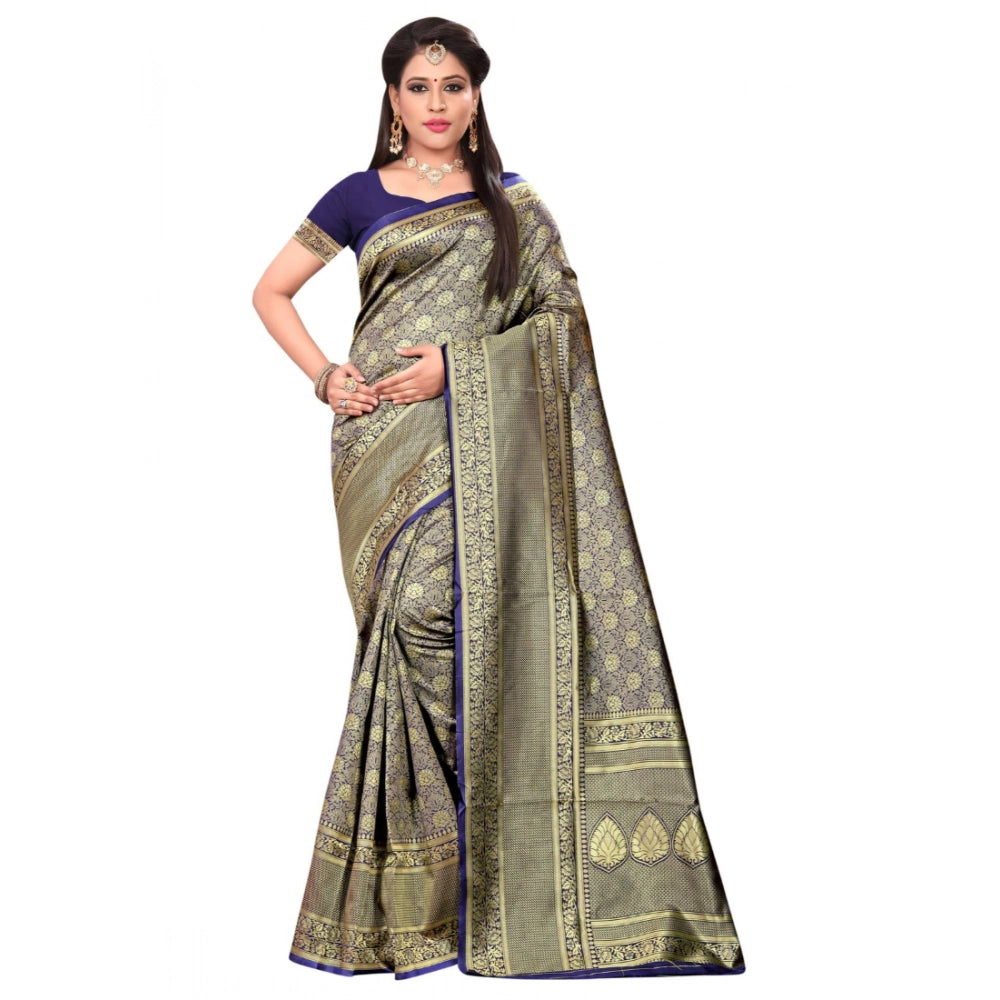 Women's Banarasi Silk Saree — Navy Blue · 008A