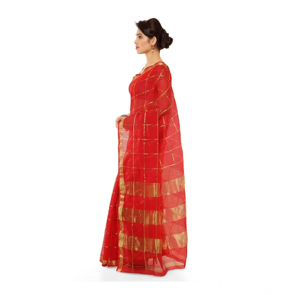 Women's Kota Doria Cotton Saree — Red