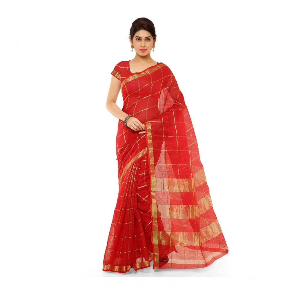 Women's Kota Doria Cotton Saree — Red