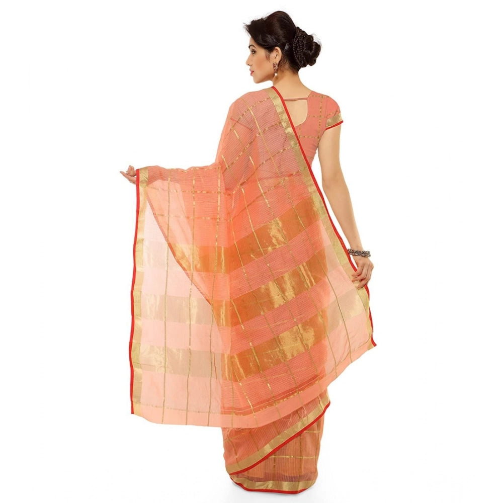 Women's Kota Doria Cotton Saree — Peach