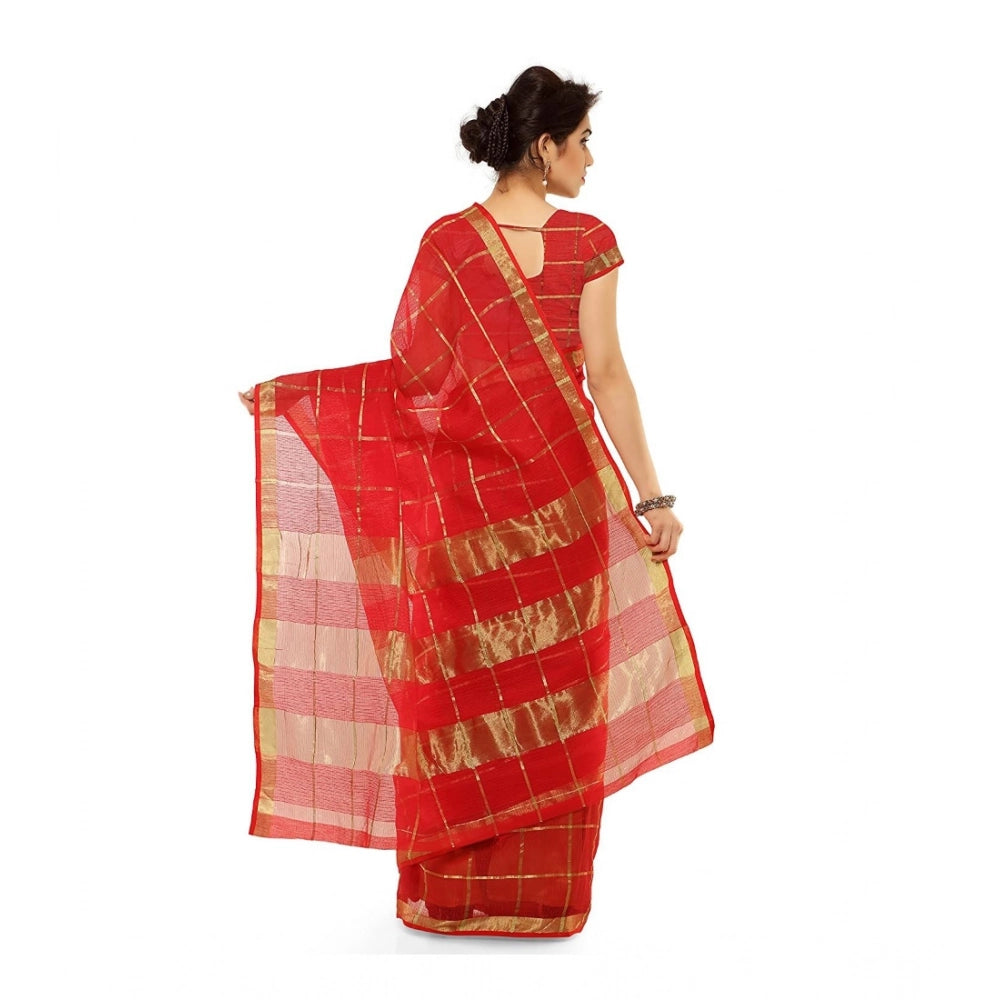 Women's Kota Doria Cotton Saree — Red
