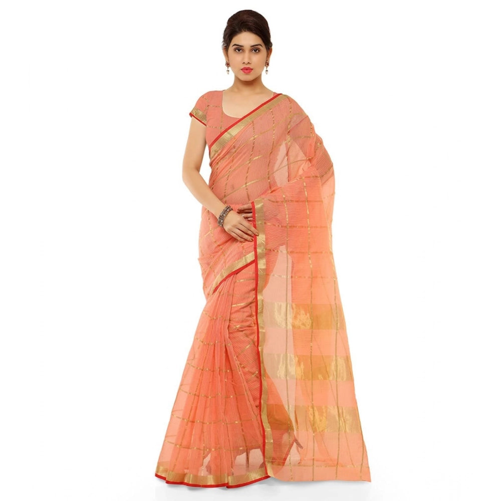 Women's Kota Doria Cotton Saree — Peach