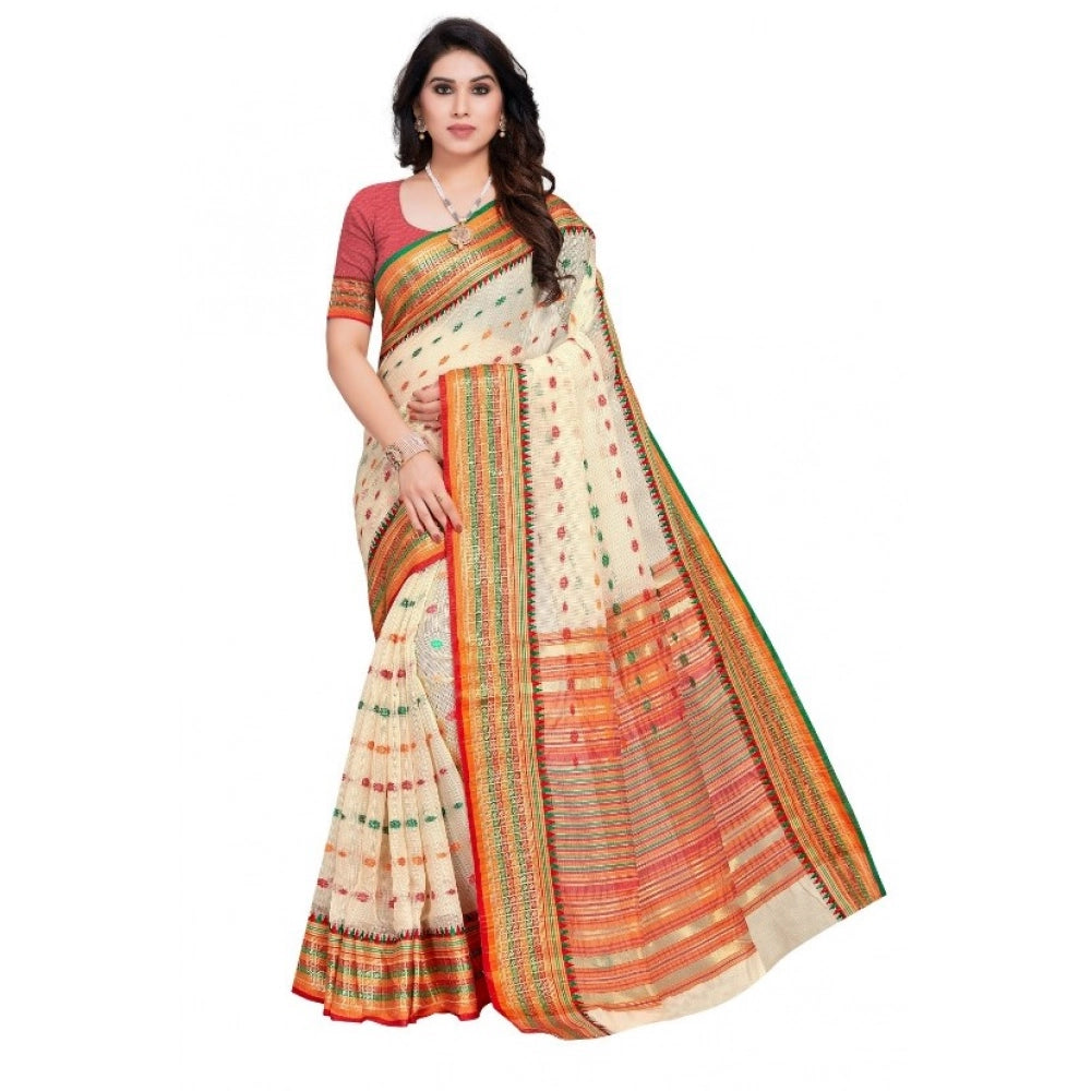 Women's Kota Doria Cotton Woven Butta Saree — Cream
